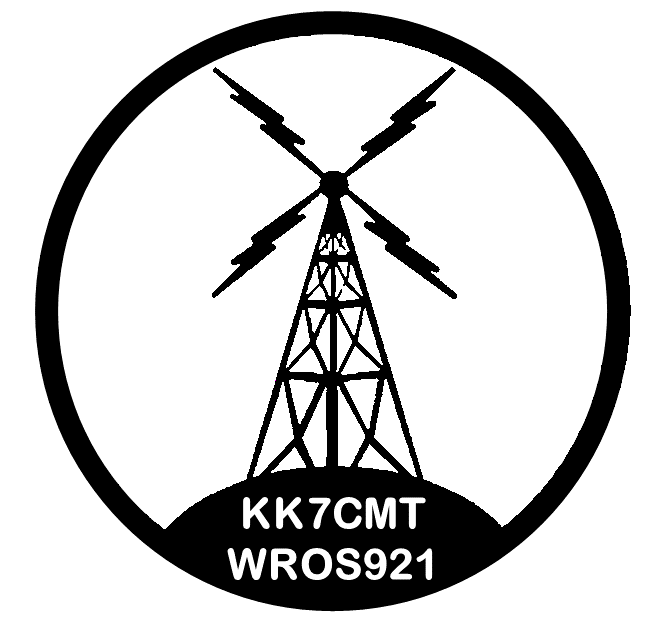 An icon showing a radio tower together with HAM radio callsign KK7CMT, and GMRS callsign WROS921.